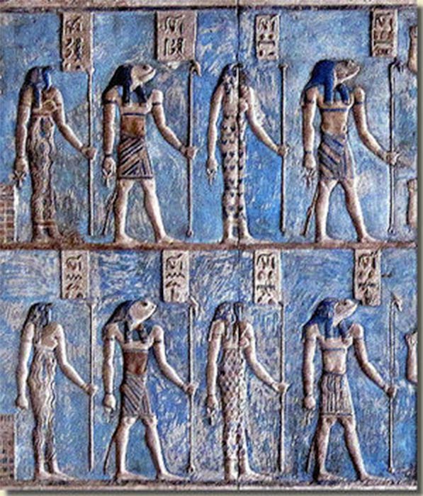 A depiction of the Ogdoad (Eight Primordial deities) from a Roman era relief at the Hathor temple in Dendera in which some have frog heads and others have serpent heads. (Olaf Tausch / CC BY-SA 3.0)
