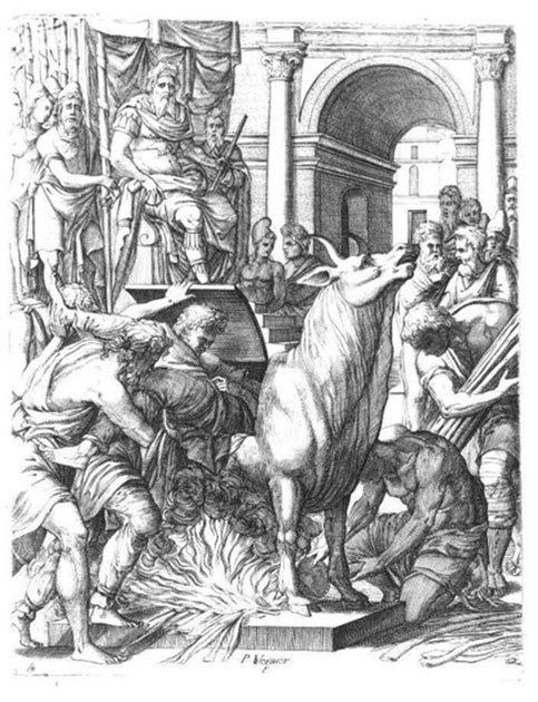 Perillos being forced into the brazen bull that he built for Phalaris by Pierre Woeiriot  (circa 1562)(Public Domain)