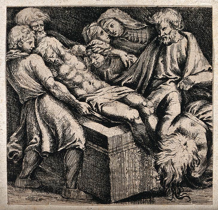 Christ's body is carried to its tomb. Etching after Raphael (Wellcome Images/ CC BY-SA 4.0)