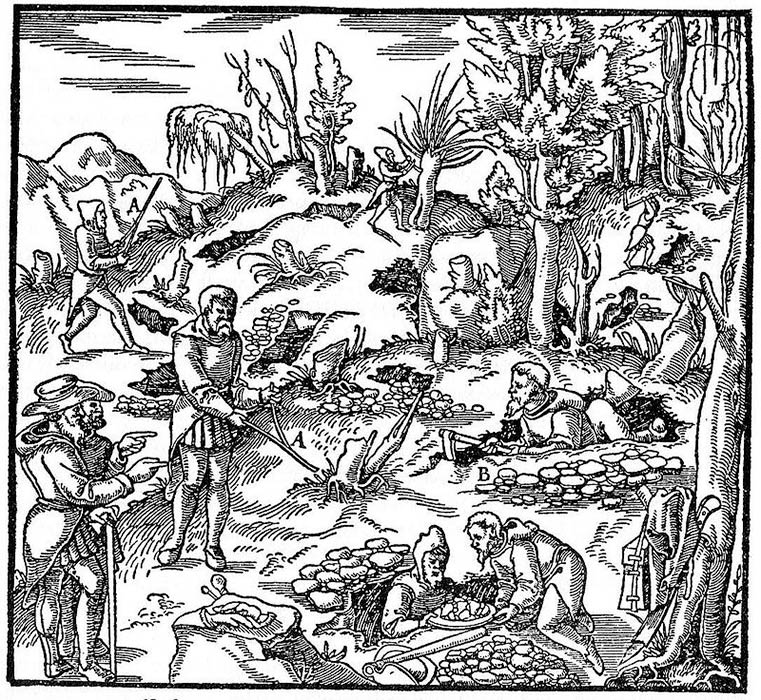 Dowsing for metal ore, from 1556 "De Re Metallica libri XII" book. (Public Domain)