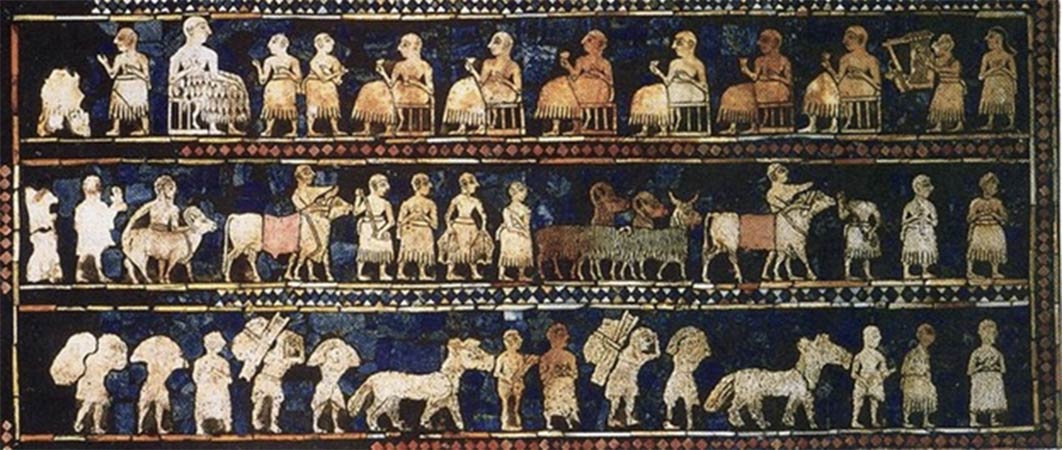 From the royal tombs of Ur, the Standard of Ur mosaic, made of lapis lazuli and shell, shows peacetime. (Public Domain)