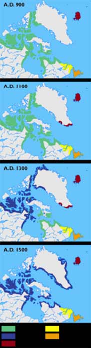 Maps showing the different cultures in Greenland, Labrador, Newfoundland and the Canadian arctic islands in the years 900 AD, 1100 AD, 1300 AD and 1500 AD. The green color shows the Dorset Culture, blue the Thule Culture, red Norse Culture, yellow Innu and orange Beothuk. (CC BY-SA 3.0)