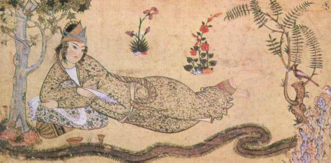Bilqis reclining in a garden, Persian miniature (c. 1595), tinted drawing on paper (Public Domain)