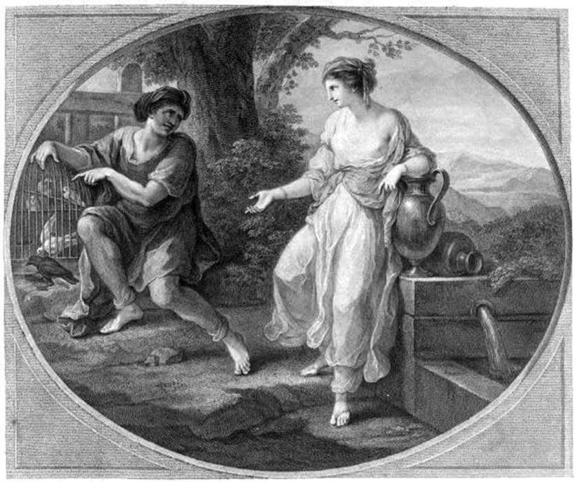 The beautiful Rhodope, in love with Aesop; engraving by Bartolozzi, 1782, after Kauffman's original (Public Domain)