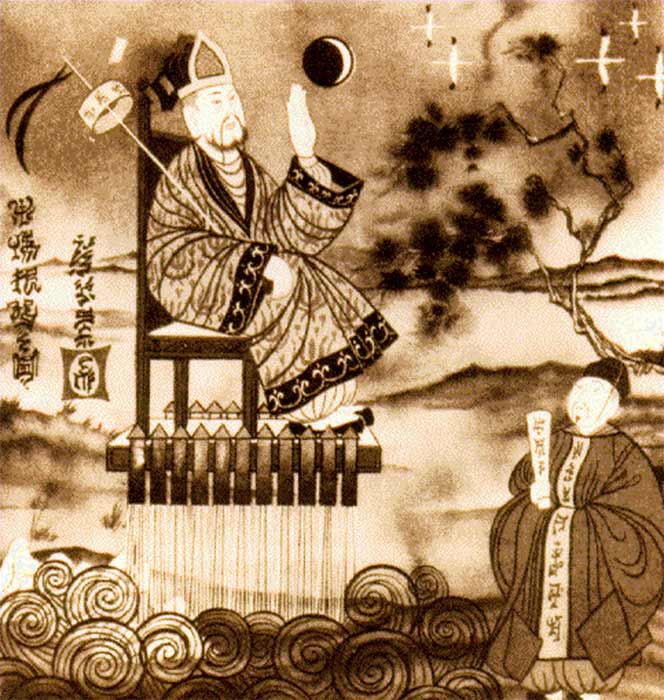 According to one ancient legend, a Chinese official named Wan-Hoo attempted a flight to the moon using a large wicker chair to which were fastened 47 large rockets. (Public Domain)