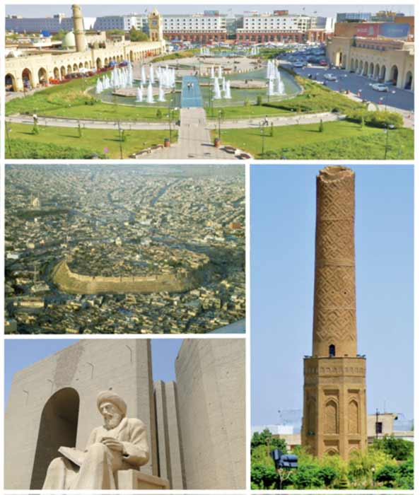 Some of the monuments being partially virtually mapped at Erbil. Clockwise, from top: Downtown, Mudhafaria Minaret, Statue of Ibn al-Mustawfi, Citadel of Erbil. ( CC BY-SA 4.0)
