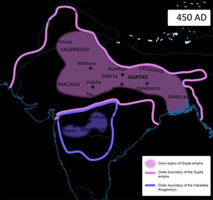 Cave temple distribution map showing the time period in which they were built, highlighting that most were created in the second period under the rule of the Vakataka king Harishena (475 - 500 AD). (Woudloper/ CC BY-SA 4.0)