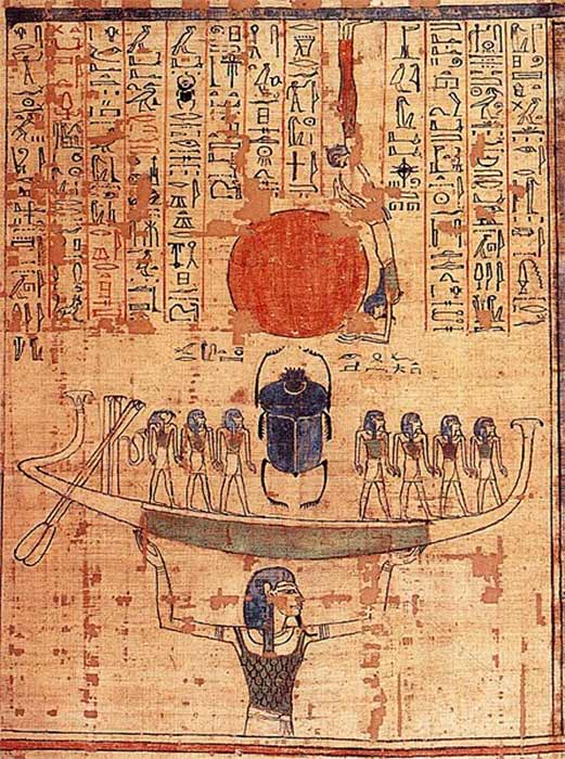 Nut, the embodiment of the primordial waters, lifts the barque of the sun god Ra into the sky at the moment of creation in ancient Egyptian religion. (Public Domain)