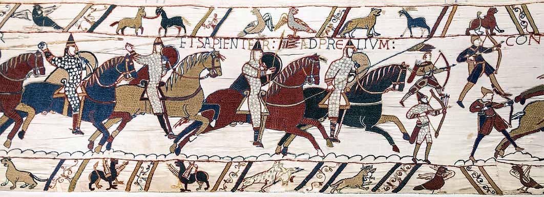 Norman knights and archers at the Battle of Hastings, as depicted in the Bayeux Tapestry (Public Domain)