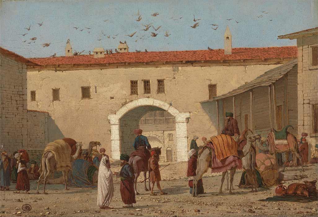 Animals slept in the inner courtyard of a caravanserai, while guests stayed in rooms adjacent to or above the courtyard by Richard Dodd. (1845) (Public Domain)