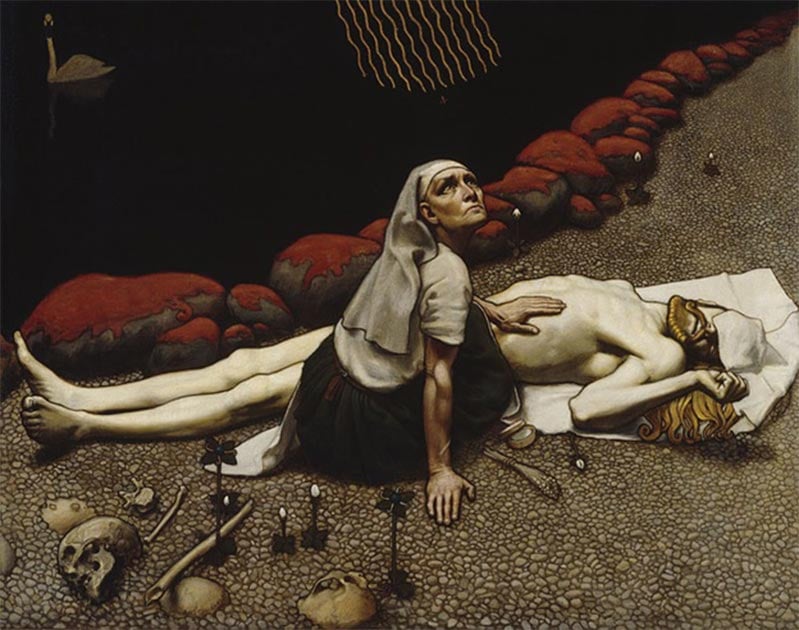 Lemminkäisen äiti, by Akseli Gallen-Kallela: a depiction of the underworld, Tuonela, from a myth found in the Kalevala, depicting a woman with the ritual tools of witchcraft. (Public Domain)