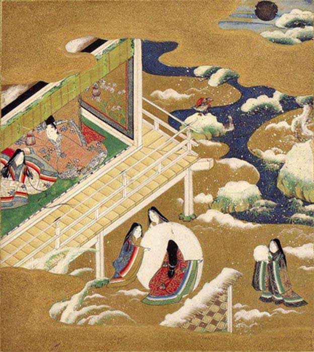 A Tosa Mitsuoki illustration of Heian court women in the winter. (Late 17th century) (Public Domain)