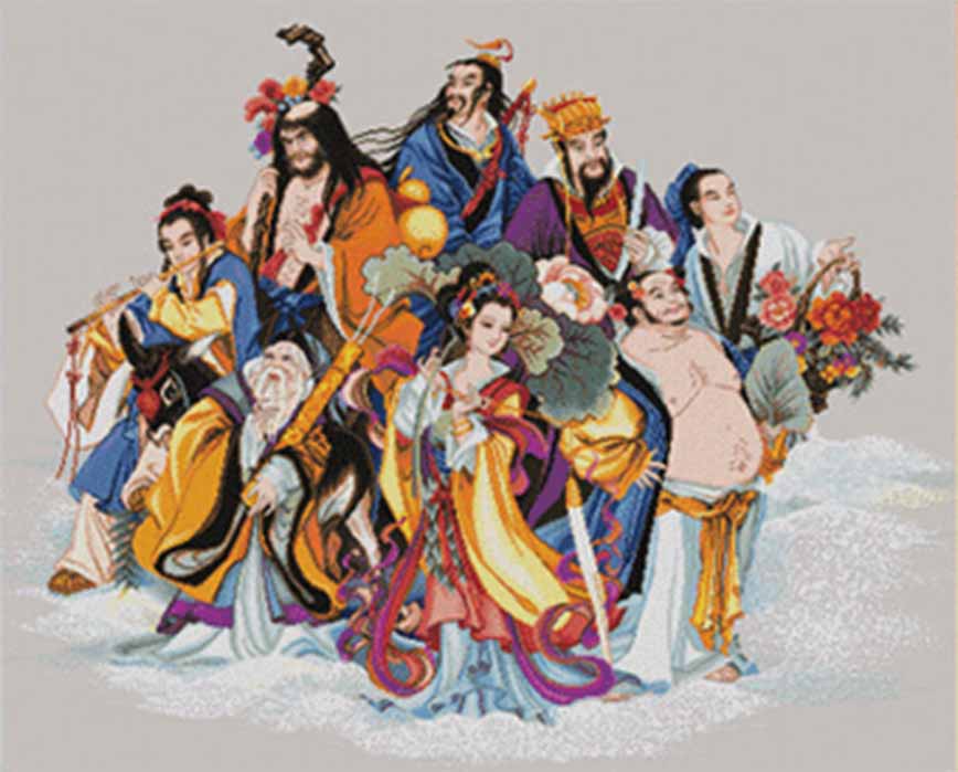 The Eight Immortals: Lu Dong Bin, Li Die Guai, Zhang Guo Lau, Cao Guo Jin, Han Xian Zi, Zhong Li Quan, Lan Cai He und He Xian Gu. (Public Domain)
