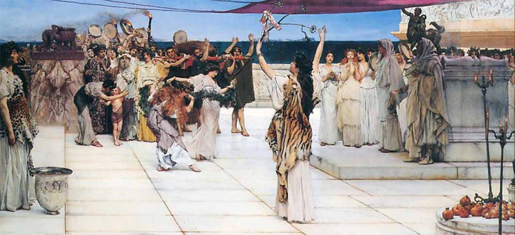 A dedication to Dionysus by Lawrence Alma-Tadema. Notice the pomegranates on the table. (1889) (Public Domain)