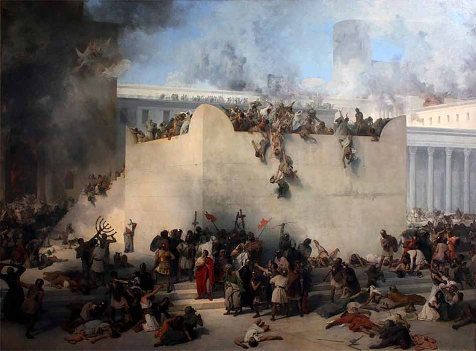 In the year 70 AD the Second Temple in Jerusalem was destroyed by the Roman army during the First Jewish-Roman War by Francesco Hayez (1867) (Public Domain)
