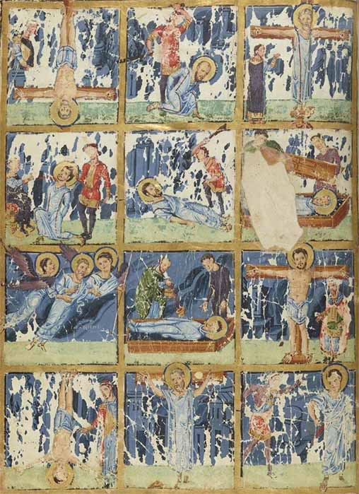 Martyrdoms of the 12 Apostles by Gregory of Nazianzus depicted in the Paris Gregory (ninth century) (Public Domain)