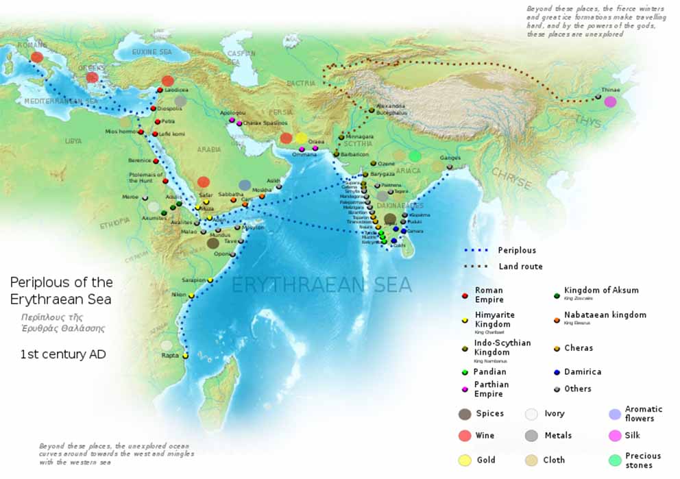 The trade relations between Rome and the East, including China, according to the first-century AD navigation guide Periplus of the Erythraean Sea (George Tsiagalakis/CC BY-SA 4.0)