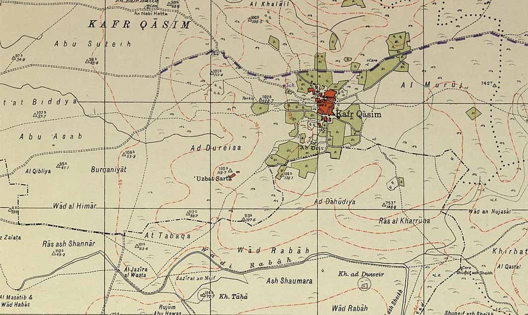 Kafr Qasim in 1941. The Qesem Caves are located just beneath the town of Kafr Qasim. (Public Domain)