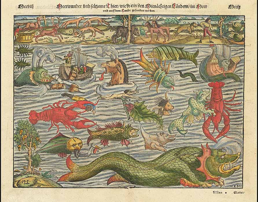 Chart depicting both terrestrial and sea monsters by  Sebastian Munster (1570)   (Public Domain)