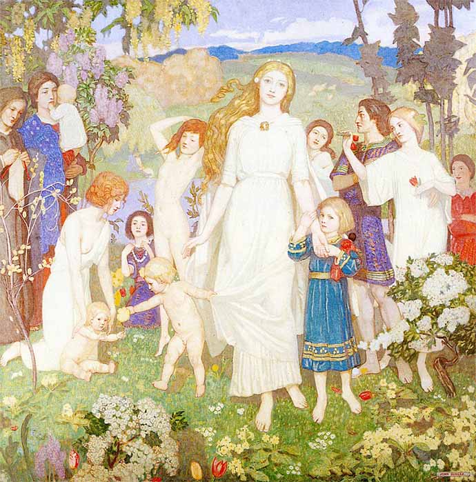 Brigid as a member of the Tuatha de Danann.  The Coming of Bride (1917) by John Duncan (Public Domain)