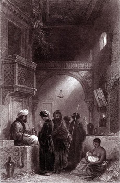 An artist's view of an Ottoman opium seller by F. W. Topham (London: E. Bell, c. 1850) (Public Domain)