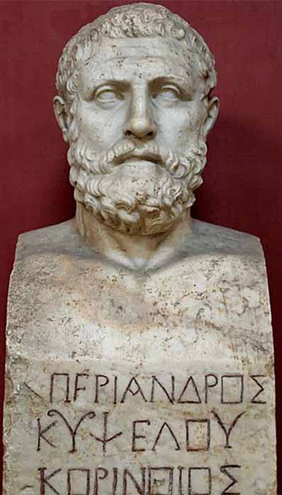 Bust of Periander bearing the inscription “Periander, son of Cypselus, Corinthian”. Marble, Roman copy after a Greek original from the fourth century (Public Domain)