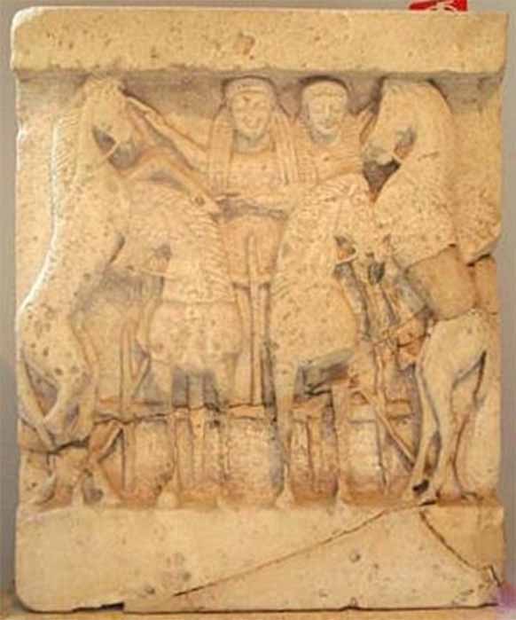 Relief of Demeter in her horse drawn chariot with her daughter, Persephone, and with rampant horses flanking the chariot (CC BY-SA 3.0)