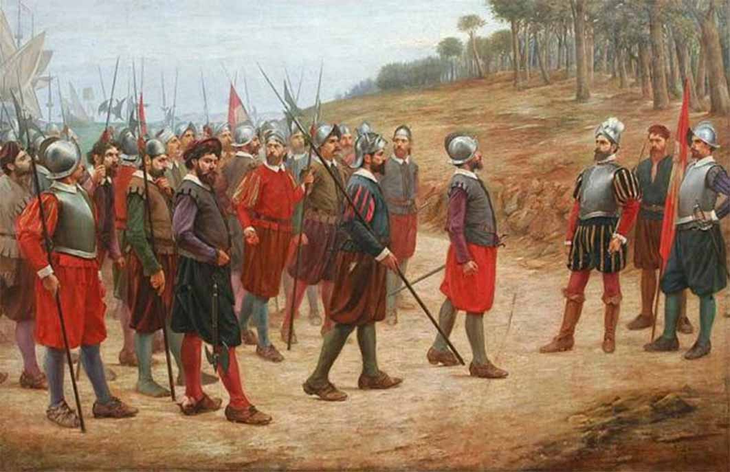 Francisco Pizarro inviting his soldiers to cross the line drawn on the ground, if they wished to continue their expedition to Peru, by Juan Lepiani, (1902) National Museum of Archaeology, Anthropology, and History of Peru (Public Domain )