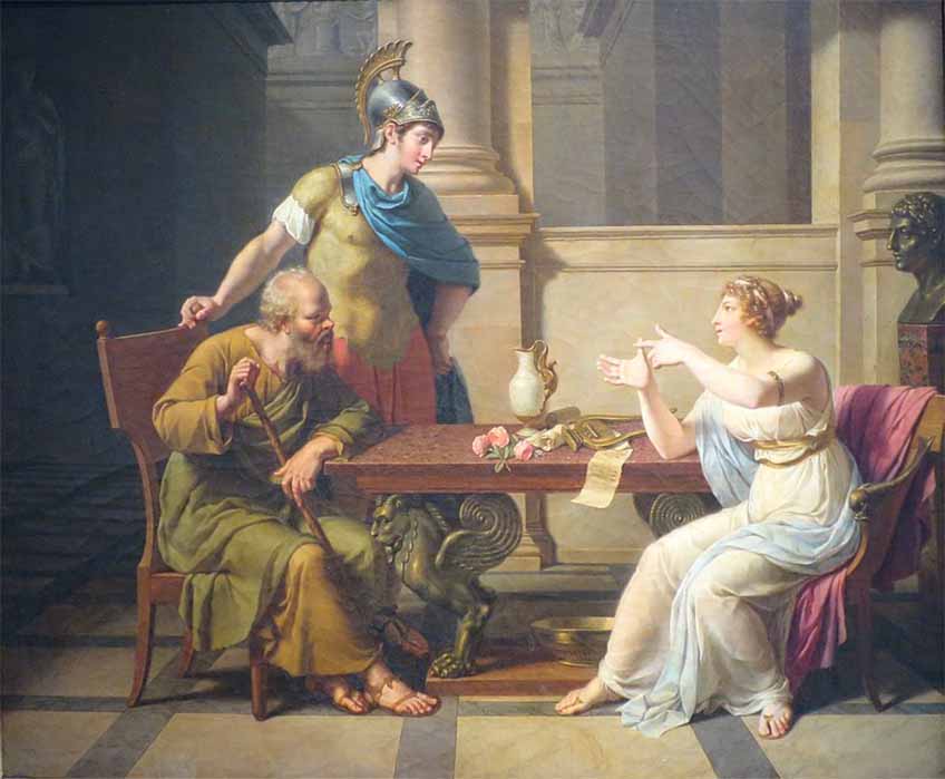  Perikles, Alcibiades’ uncle and ward, his mistress Aspasia and Socrates engaged in a conversation by Nicolas-André Monsiau (1799) (Public Domain)