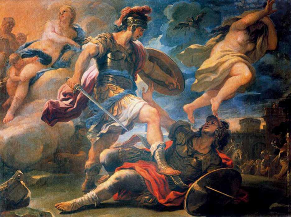 Aeneas defeats Turnus, by Luca Giordano, 1634–1705. The genius of Aeneas is shown ascendant, looking into the light of the future, while that of Turnus is setting, shrouded in darkness (Public Domain)