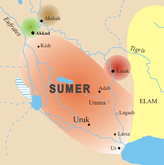 Sumer Map indicating location of Uruk (Summa/ CC BY-SA 3.0)