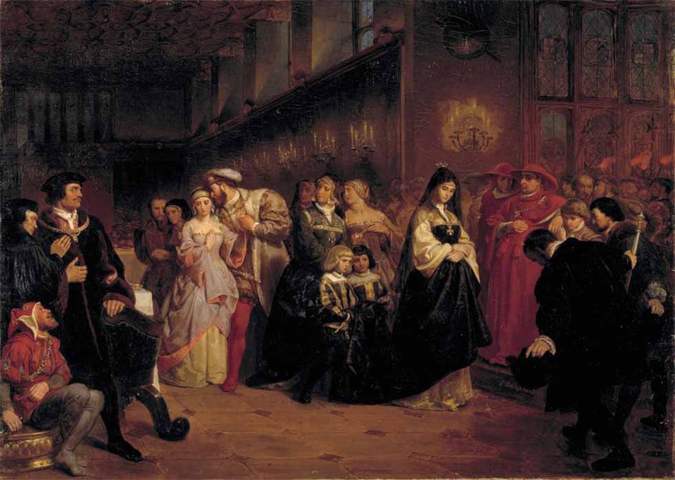 The Courtship of Anne Boleyn, by Emanuel Gottlieb Leutze (1846) showing a soberly dressed Katharine as opposed to her rival, the more flamboyant Anne Boleyn. Smithsonian American Art Museum (CC0)