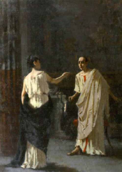 Fulvia revealing the conspiracy to Cicero by Francesco Filippini (1879)  (Public Domain)
