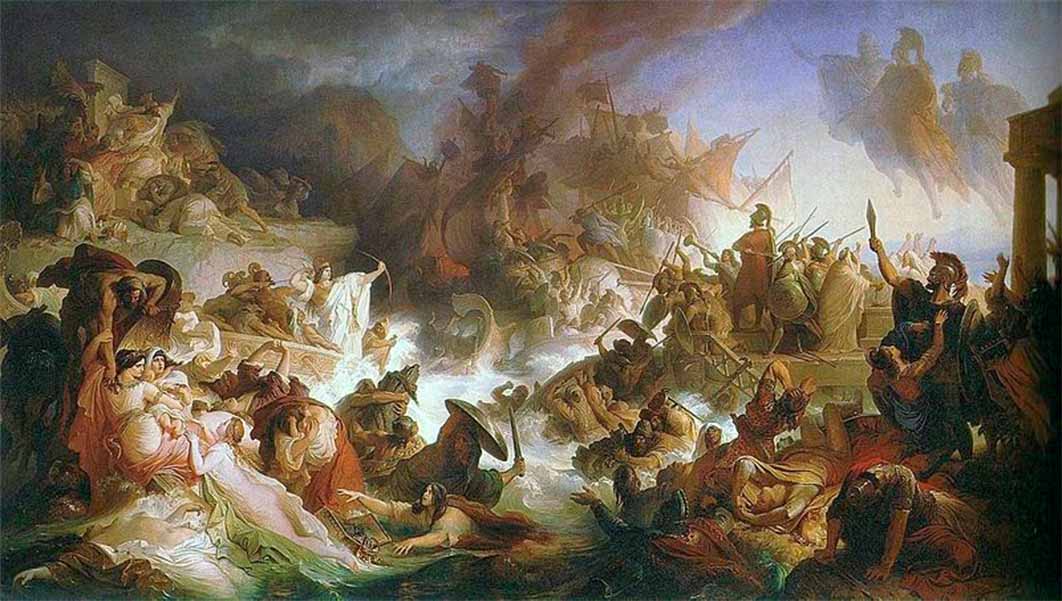 Athen’s fleet conquers the Persians at the Battle of Salamis, after the Pythia of Delphi advised a “wall of wood,” by Wilhelm von Kaulbach (1868) Maximilianeum, Batavia  (Public Domain)