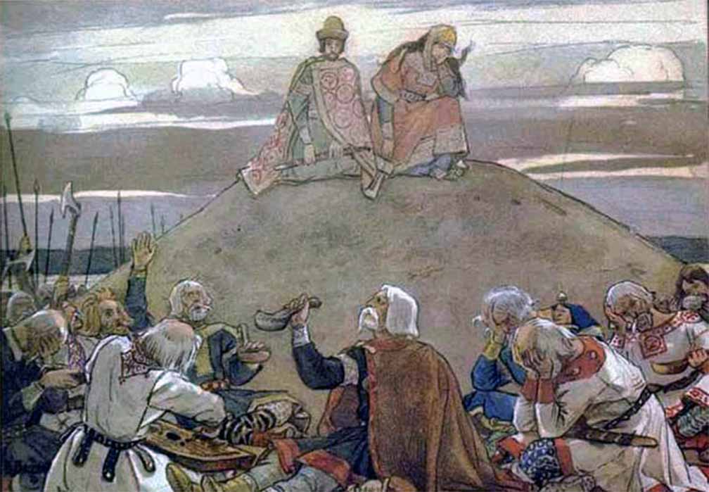 Depicting burial rite for a prince at a kurgan or funerary tumulus, typical of Eurasian nomadic customs, by Viktor Vasnetsov (1899) (Public Domain)