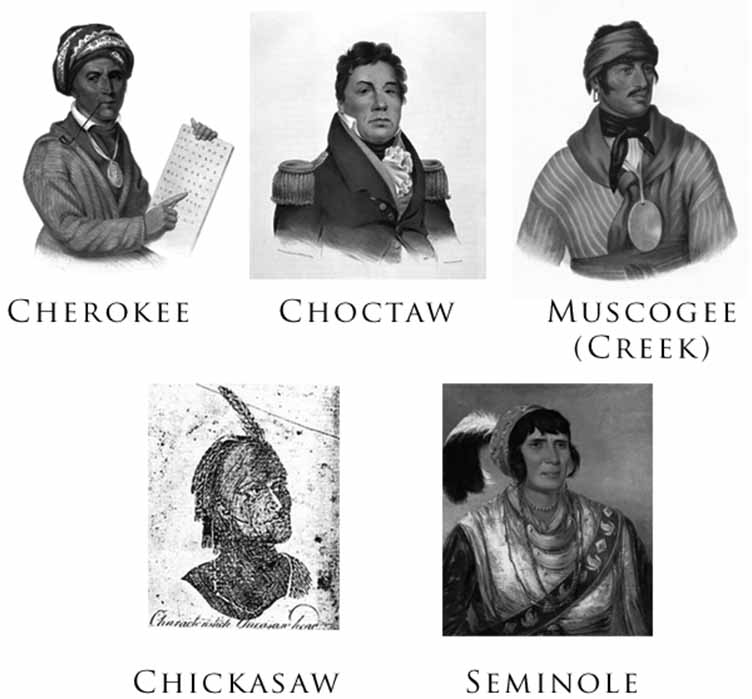 Representatives of the Five Civilized Tribes: (clockwise from upper left) Sequoyah, Pushmataha, Selecta, Osceola, and a typical Chickasaw (Public Domain)