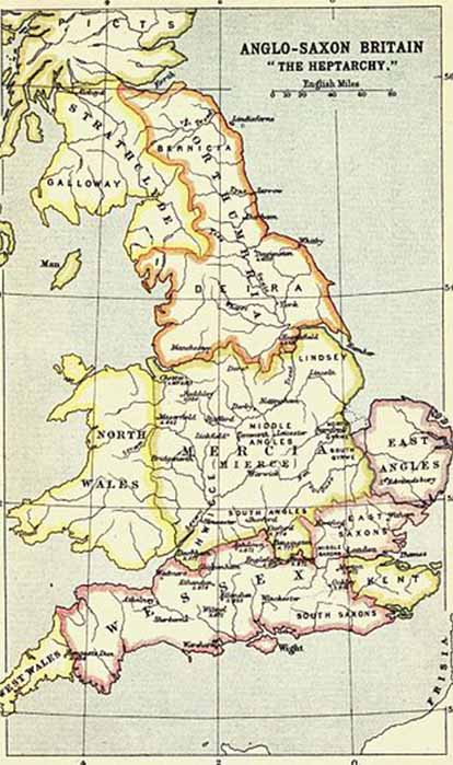 The Anglo-Saxon Heptarchy. Bartholomew's A literary & historical atlas of Europe (1914) (Public Domain)