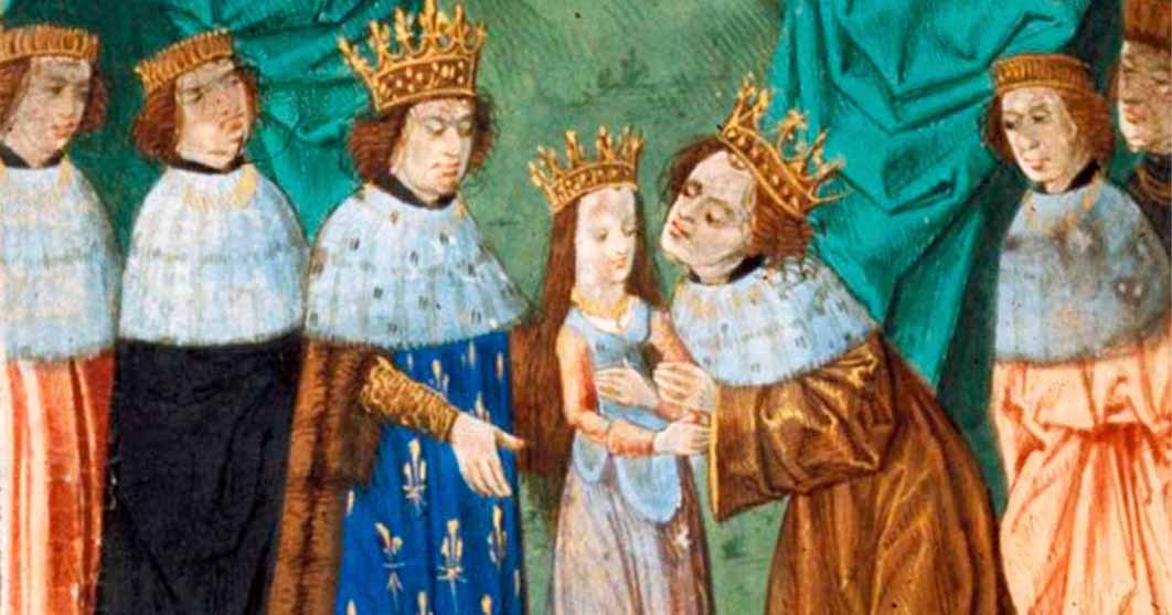 Detail from miniature depicting Richard II, King of England from 1377 to 1399, receiving his child bride Isabella of Valois from her father Charles VI, the King of France (Public domain)