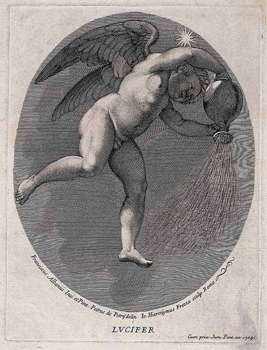 Lucifer (the morning star) represented as a winged child pouring light from a jar. Engraving by G. H. Frezza (1704) (Wellcome Images / CC BY-SA 4.0)