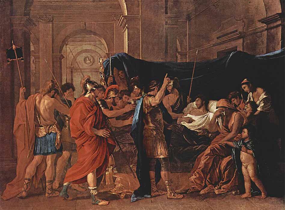 The death of Germanicus with his wife, Agrippina and their children on the right, by Nicolas Poussin (1627) (Public Domain)