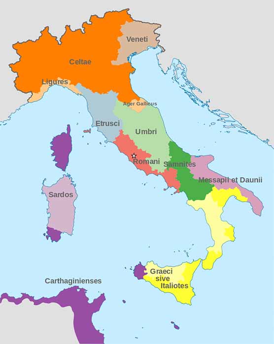 A map of Italy in fourth century BC, showing various tribe confederations/alliances/groups in the wake of the Latin War (Halibutt  / CC BY-SA 4.0)