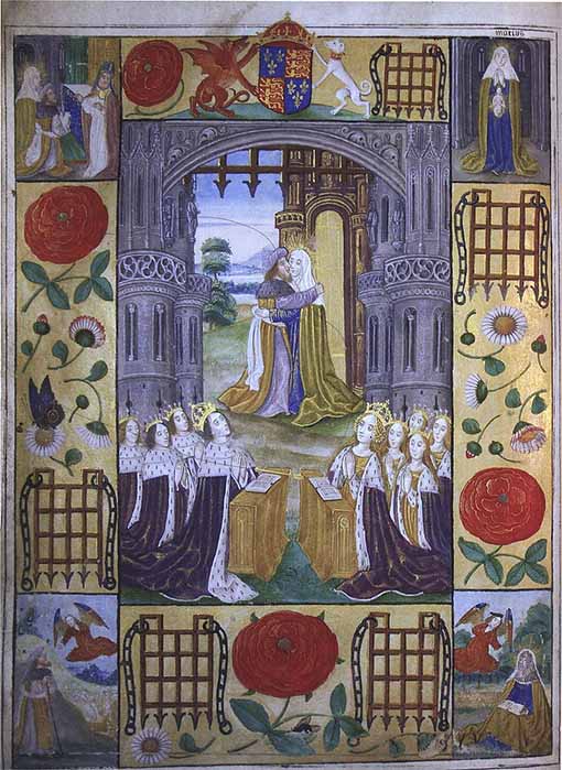 The family of Henry VII with Joachim and Anne meeting at the Golden Gate. The flowers are Marguerites (daisies), for Lady Margaret Beaufort, mother of King Henry VII. Red Rose of Lancaster (Public Domain)