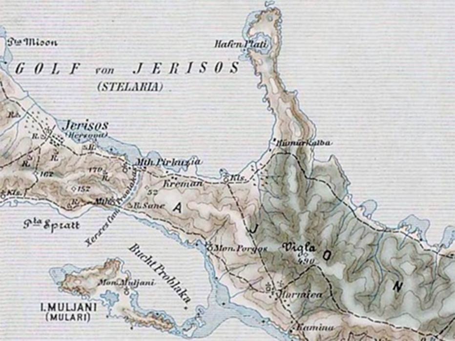Map of Athos, showing the Xerxes Canal. Military mapping authority of Austria-Hungary (Public Domain)