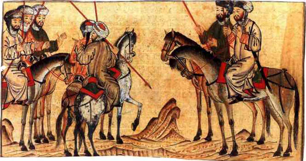 Muslim dignitaries holding a war council. Universal history of Aldine Rashid - Muslim (1314) (Public Domain)