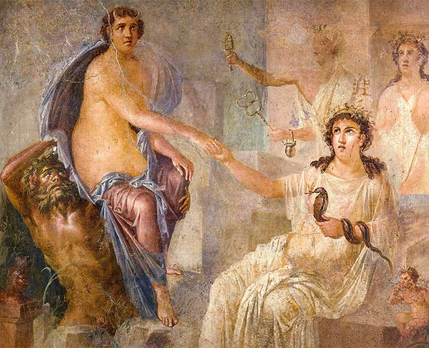 Io is welcomed in Egypt by Egyptian goddess Isis. Io is carried by a river god, setting her down at Kanopus near Alexandria. Roman fresco Temple of Isis Pompeii. Museo Archeologico Nazionale (Public
