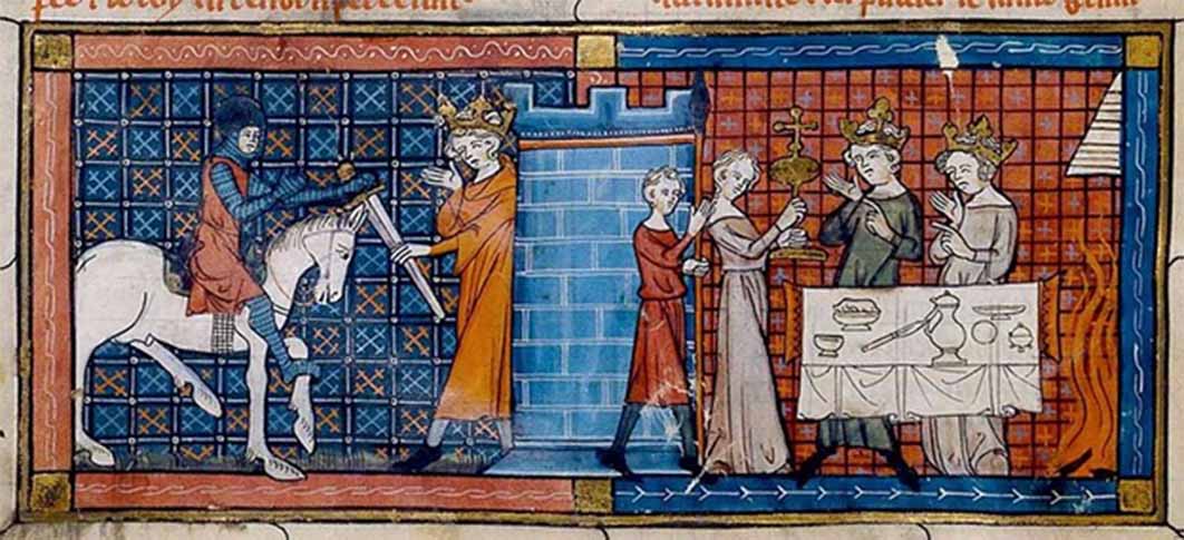 Perceval arrives at the castle, to be greeted by the Fisher King. (Public Domain)