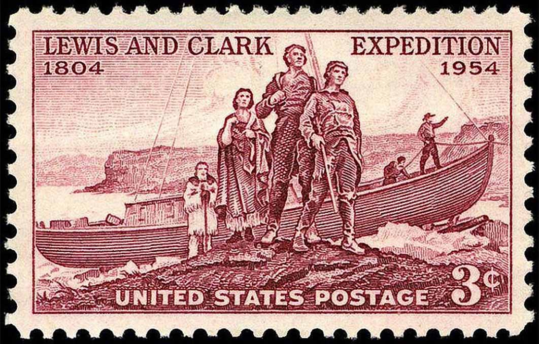 Lewis and Clark, 1954 issue. U.S. Post Office; Bureau of Engraving and Printing; designed by Charles R. Chickering (Public Domain)