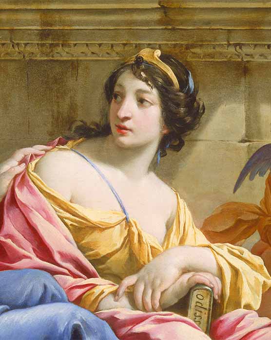 Detail of Caliope holding a copy of The Odessey, by Simon Vouet (1634) (Public Domain)