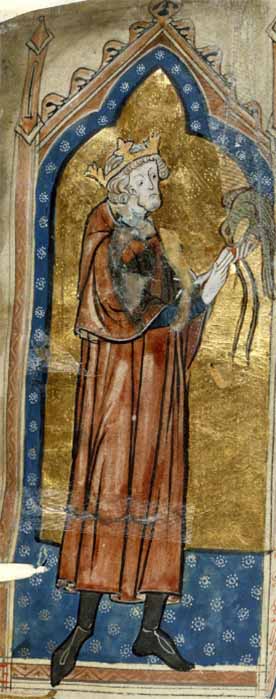 14th-century depiction of King Stephen with a hunting bird (Public Domain)