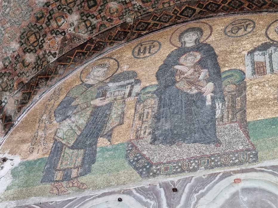 Mosaic of Emperor Constantine holding a model of the city of Constantinople in the Hagia Sophia (Image: Courtesy Micki Pistorius)